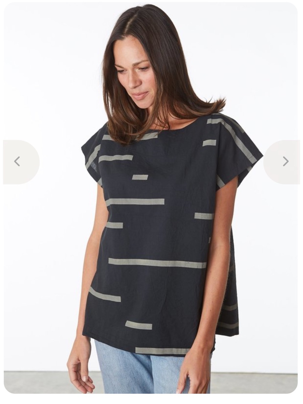 Black Short-Sleeve Boxy Top with Gray Stripe Detail